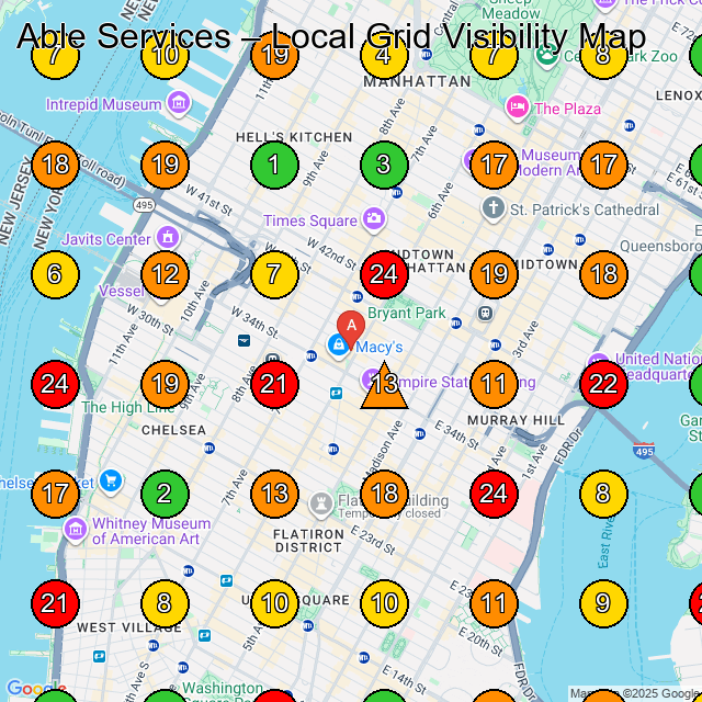 Able Services Property Maintenance GeoGrid ranking map for New York NY